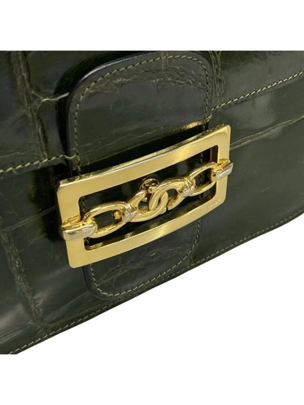 ★SOLD★ Celine Shoulder Bag Dark Green Embossed Leather - Picture 11 of 15